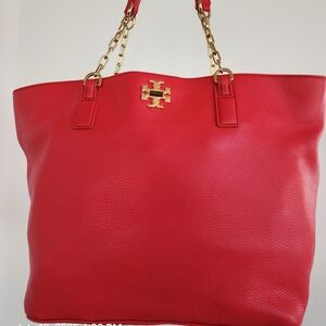 NWT Tory Burch Mercer Leather Tote In Vermillion Red